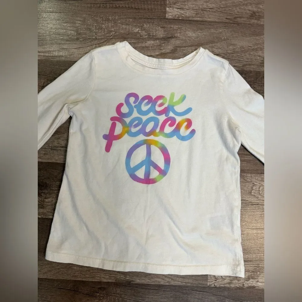Old Navy Girls Seek Peace Graphic Long Sleeve Tee Cream Rainbow Peace Sign S 6-7